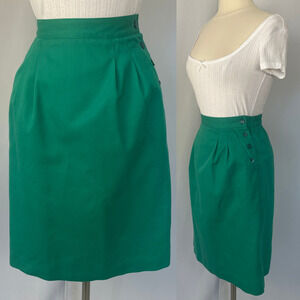 Vintage Midi Skirt Size 6 Green Solid High Rise Minimal Retro Preppy Spring 80s